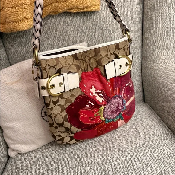 Coach Tan and Red Floral Shoulder Bag - Picture 7 of 8